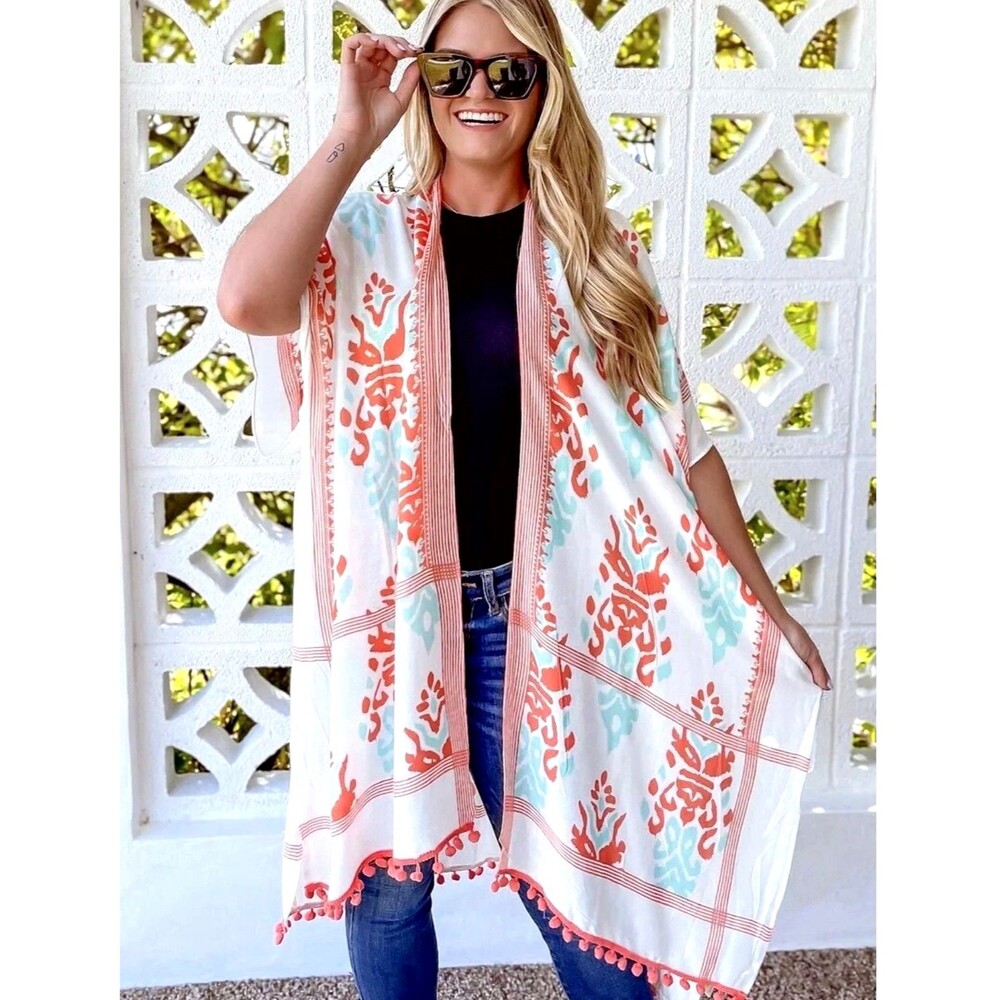 Angie NWT One Size Coral Aqua Floral Kimono Cover Up Pom Pom Trim Boho